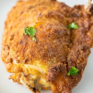 close up of crispy-skinned air fryer chicken on a white plate