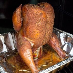 Beer Can Chicken in an aluminum pan