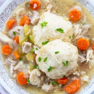 close up Chicken and Dumplings in a large white bowl with sauce and vegetables