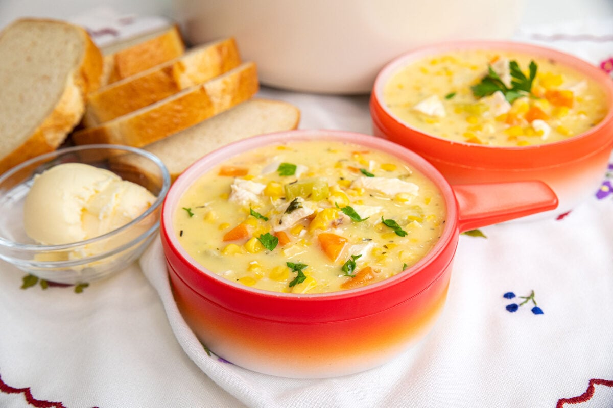 bowls of chicken corn soup