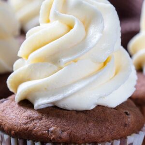 close up buttercream frosting on a chocolate cupcake