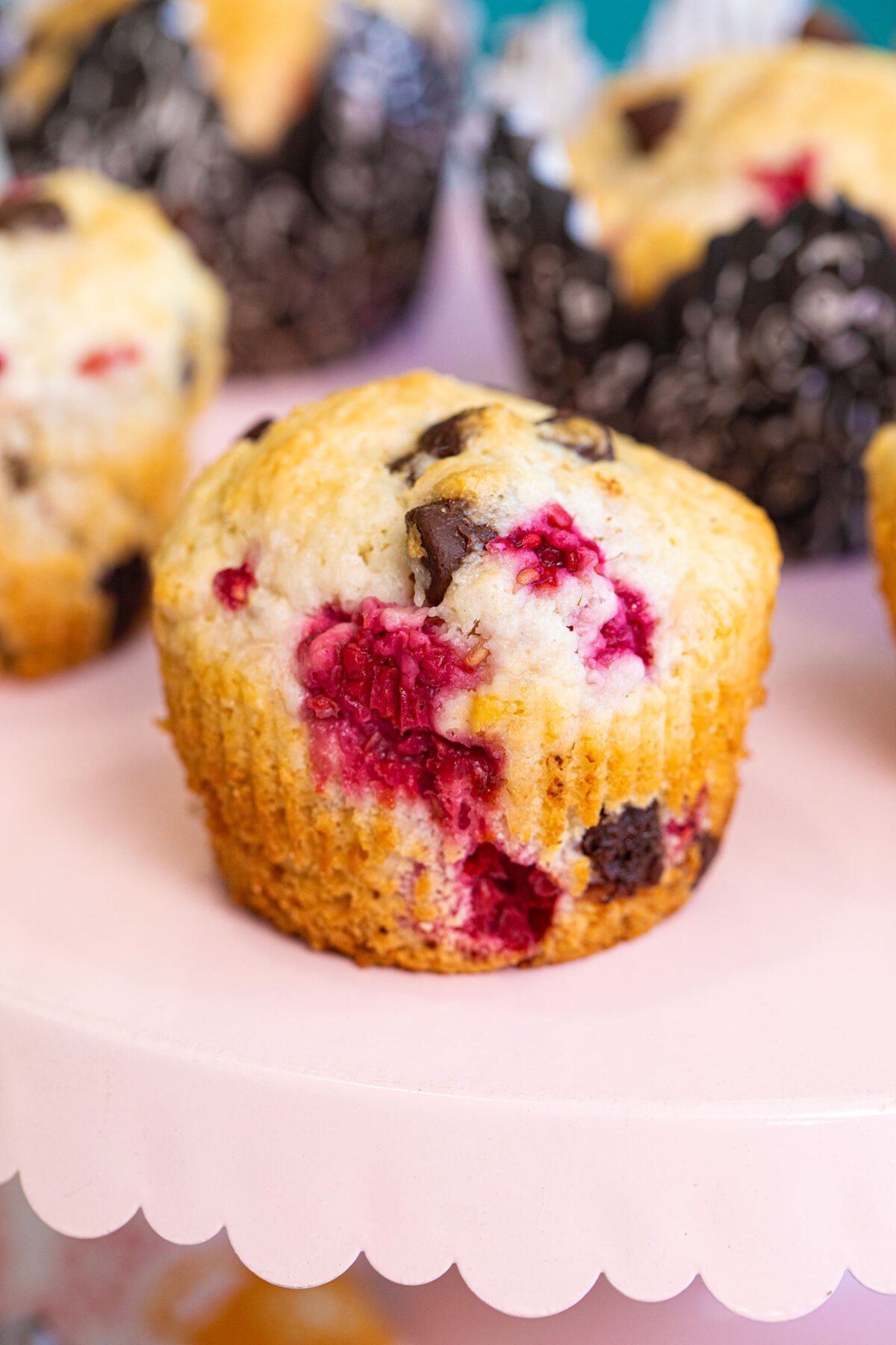 close up of a chocolate raspberry muffin