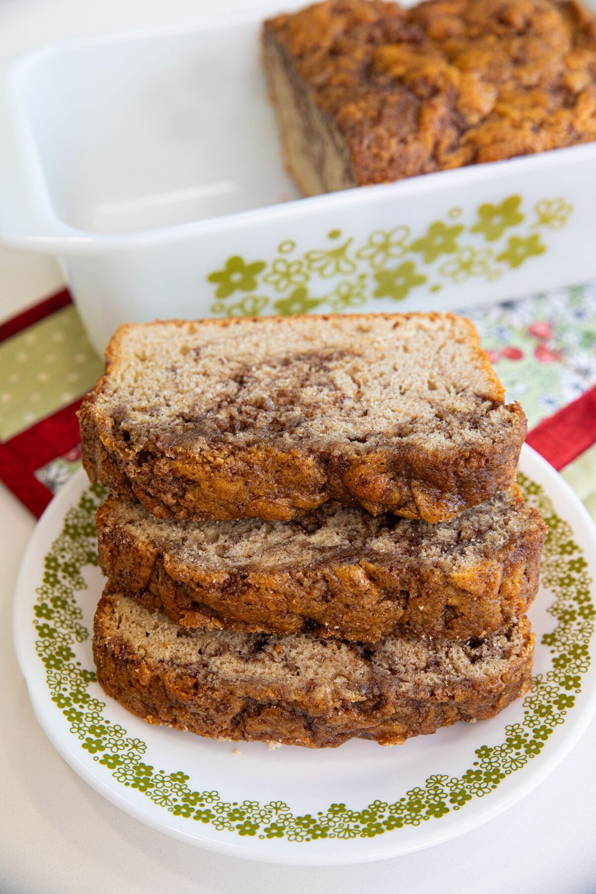 a stack of cinnamon swirl bread slices