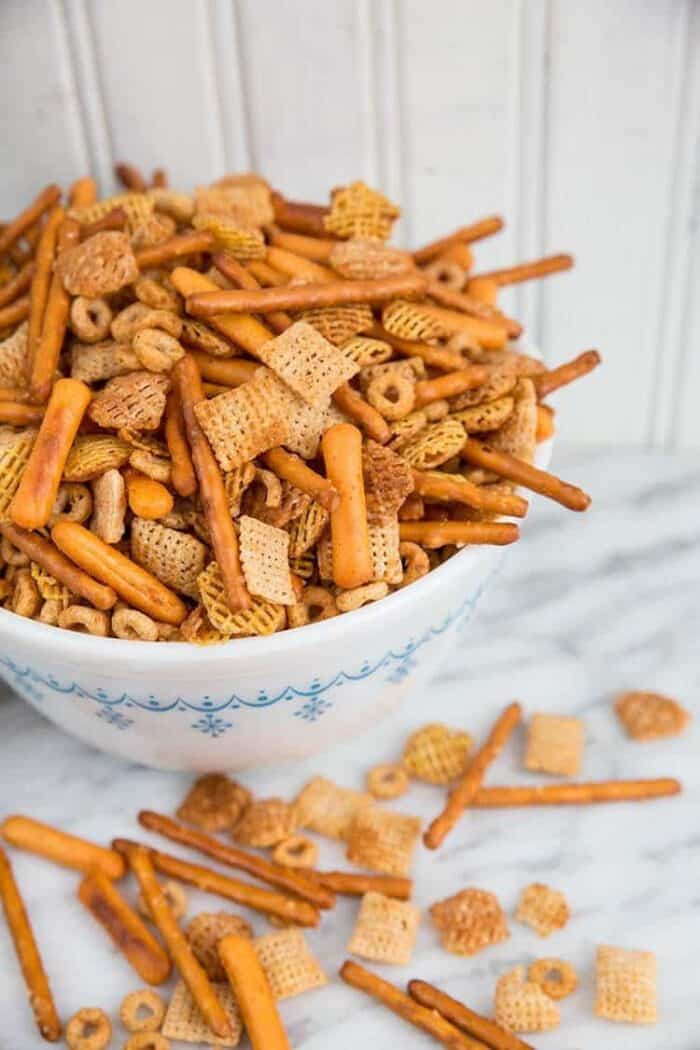 close up Nuts and Bolts in a white bowl ready to be enjoy!