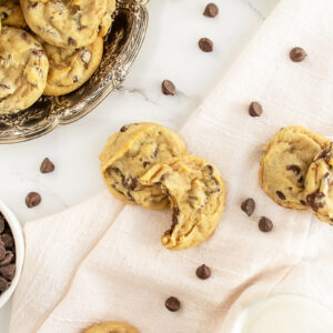 Cream Cheese Chocolate chip cookies on a tea towel