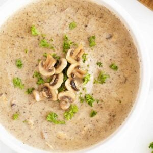 cream of mushroom soup in a white bowl