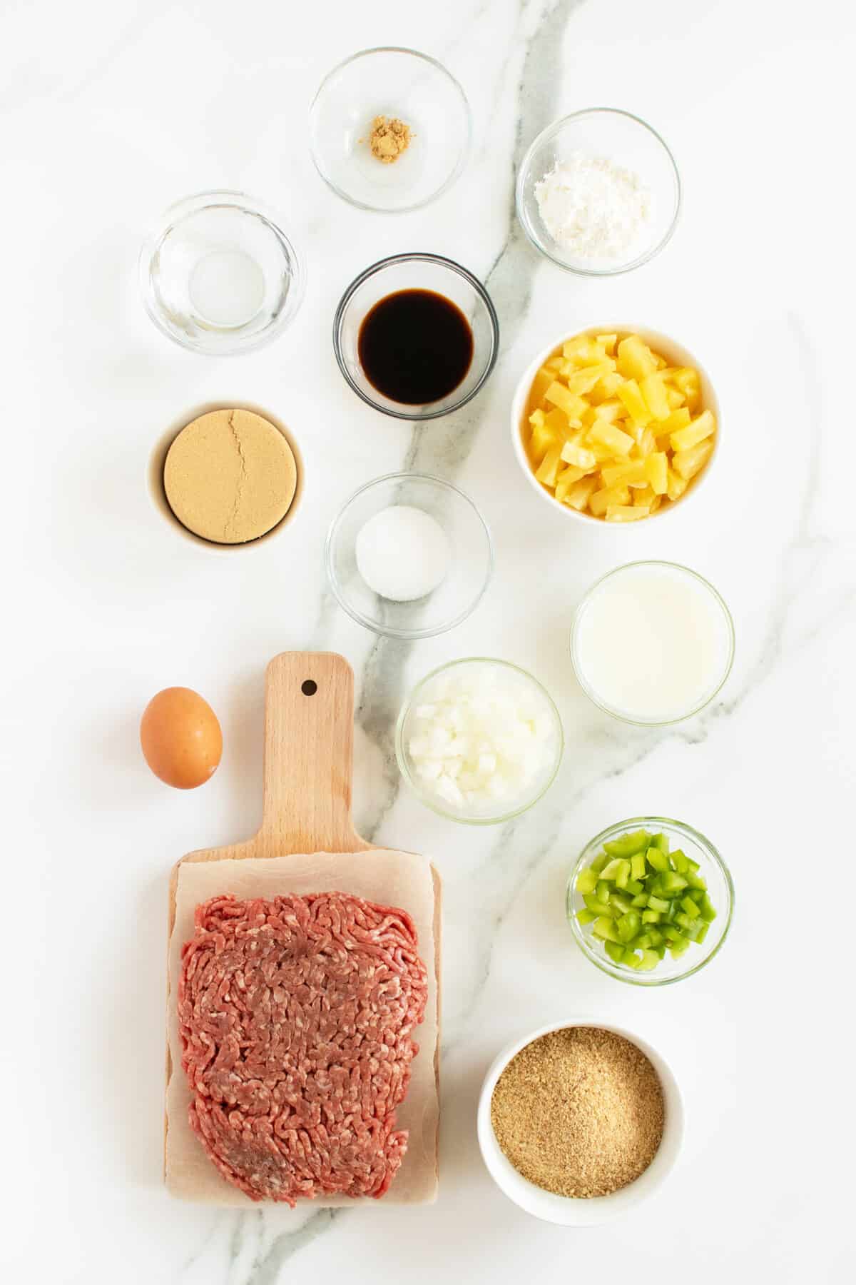 Hawaiian meatballs ingredients in small clear bowls