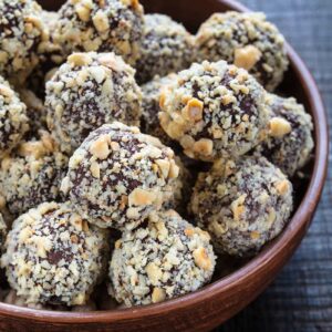 Hazelnut Truffles on a brown dessert bowl