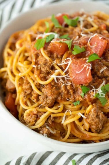 close up Instant Pot spaghetti in a white bowl