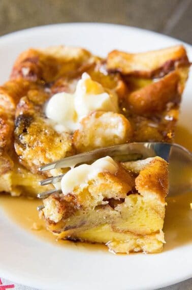 Close up of Leftover Cinnamon Rolls French Toast Casserole