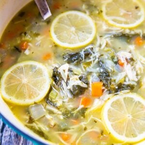 close up Lemon Chicken Soup with Orzo in a large blue pot