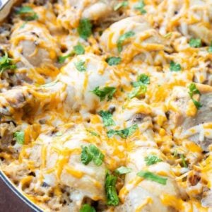 Chicken & Rice Casserole with melted sprinkled cheese on top