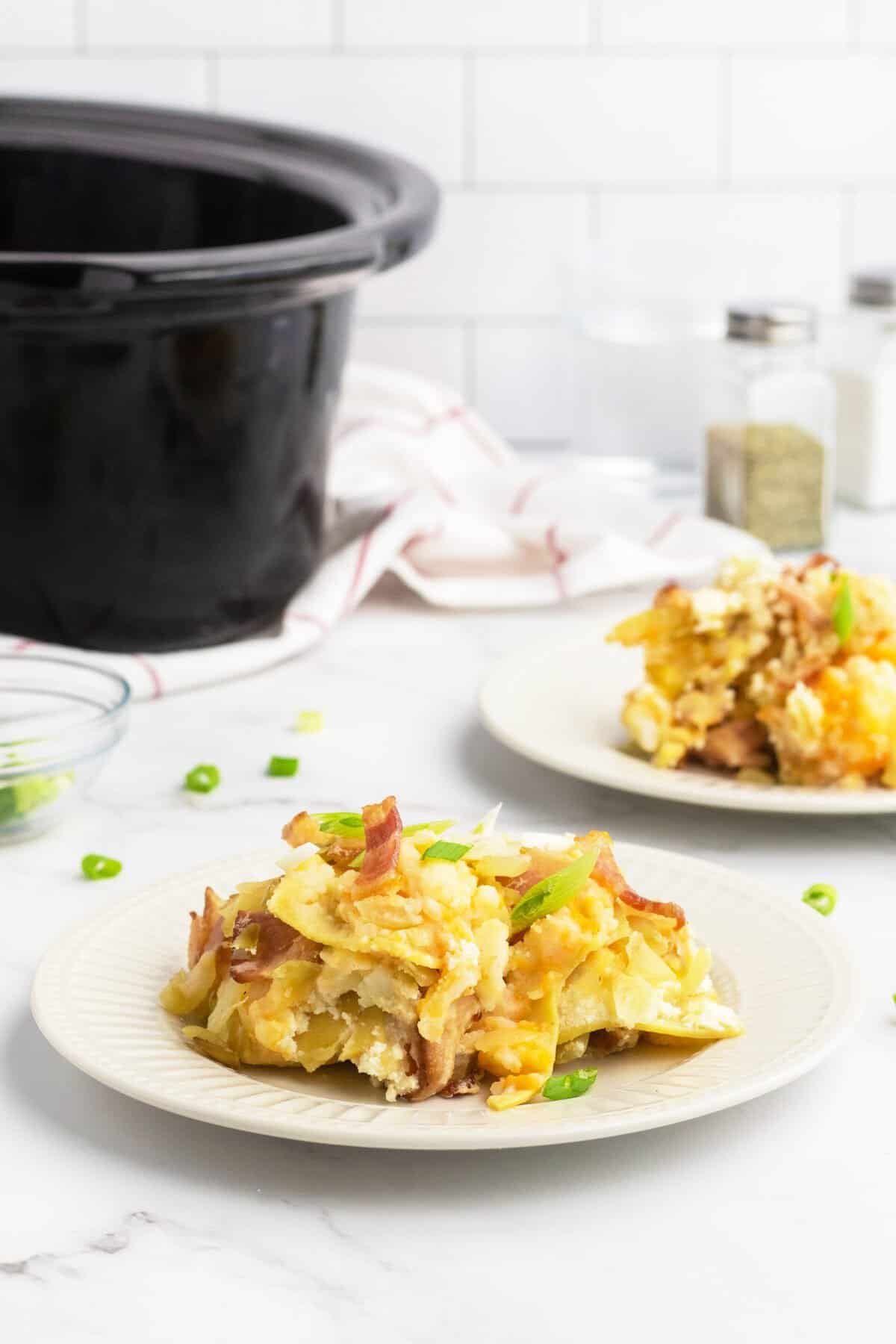 pierogi casserole on white plate