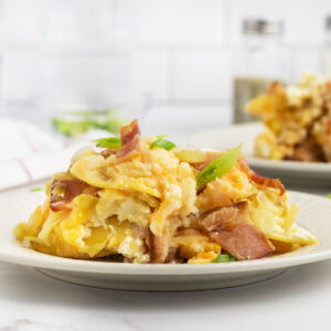 pierogi casserole on white plate