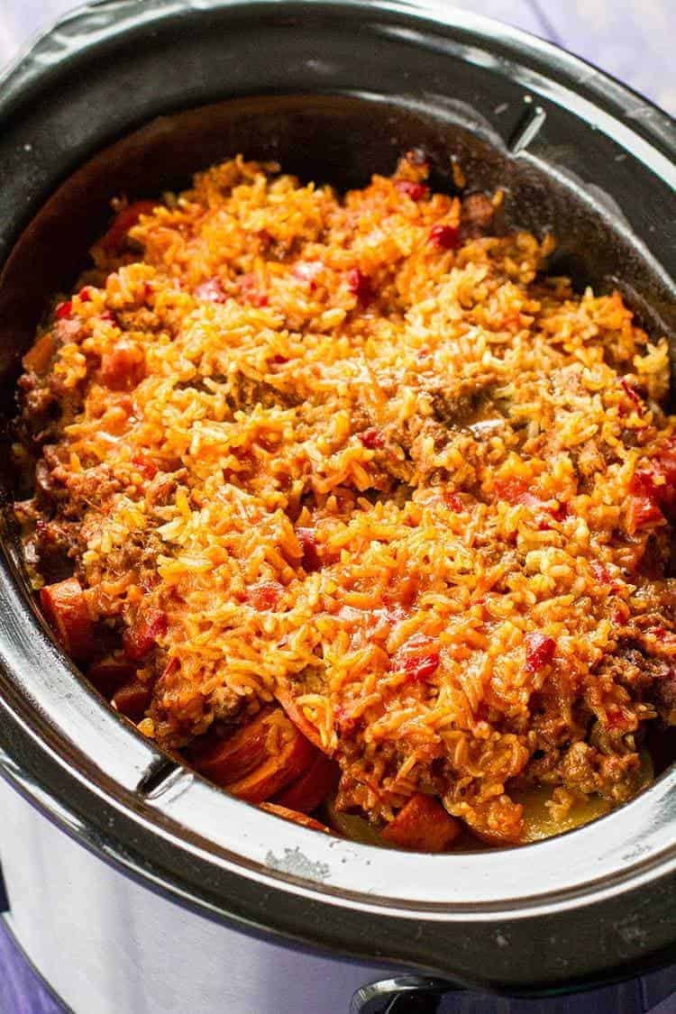 top down view of Shipwreck Casserole in crockpot