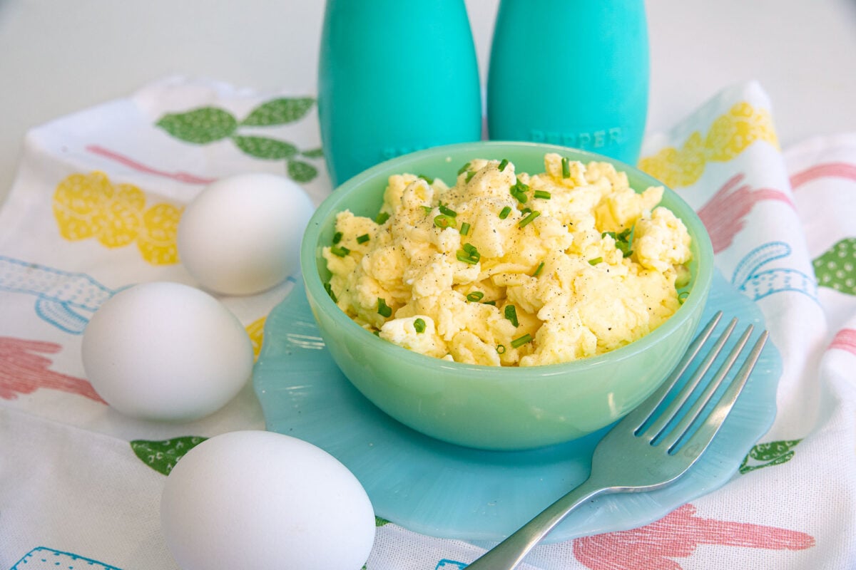 sour cream scrambled eggs in a bowl