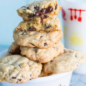 Thick and Chewy Chocolate Chip Cookies in a white bowl