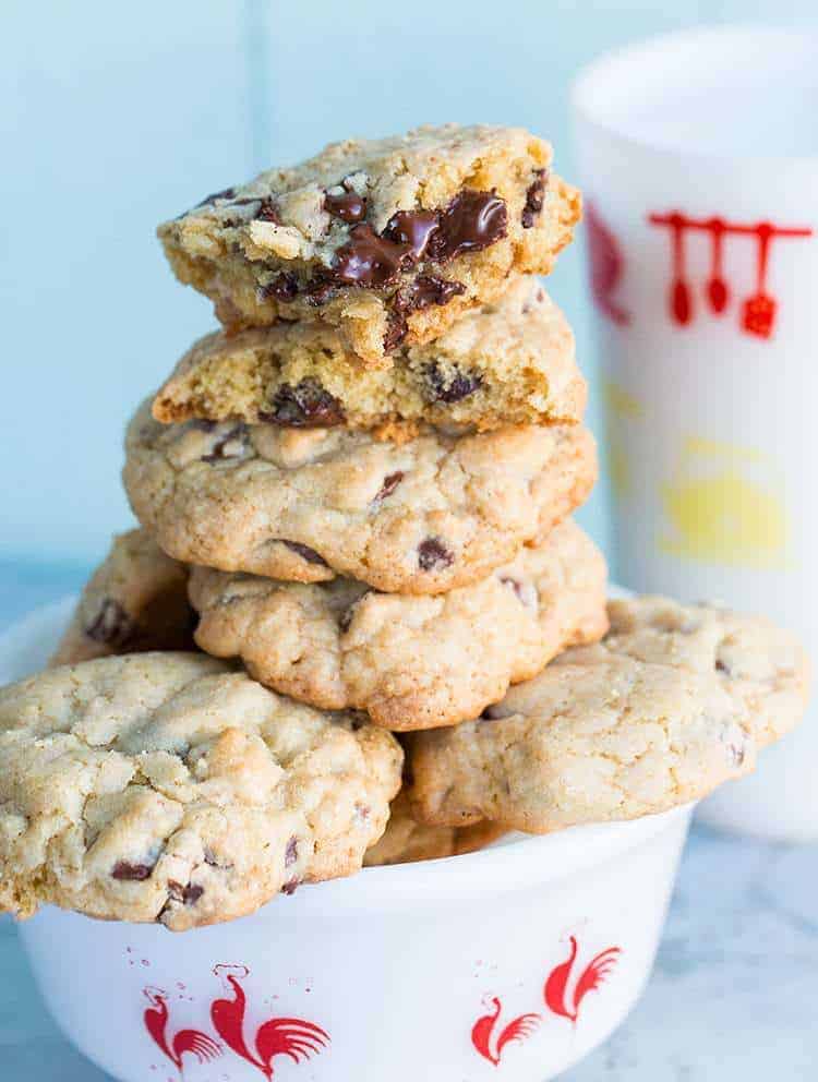 Thick and Chewy Chocolate Chip Cookies in a white bowl