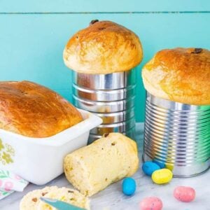 Easter Bread, or Ukrainian Babka in coffee tins and in a Pyrex loaf pan