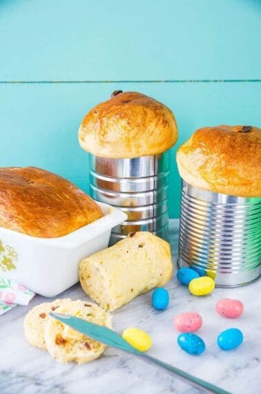 Easter Bread, or Ukrainian Babka in coffee tins and in a Pyrex loaf pan