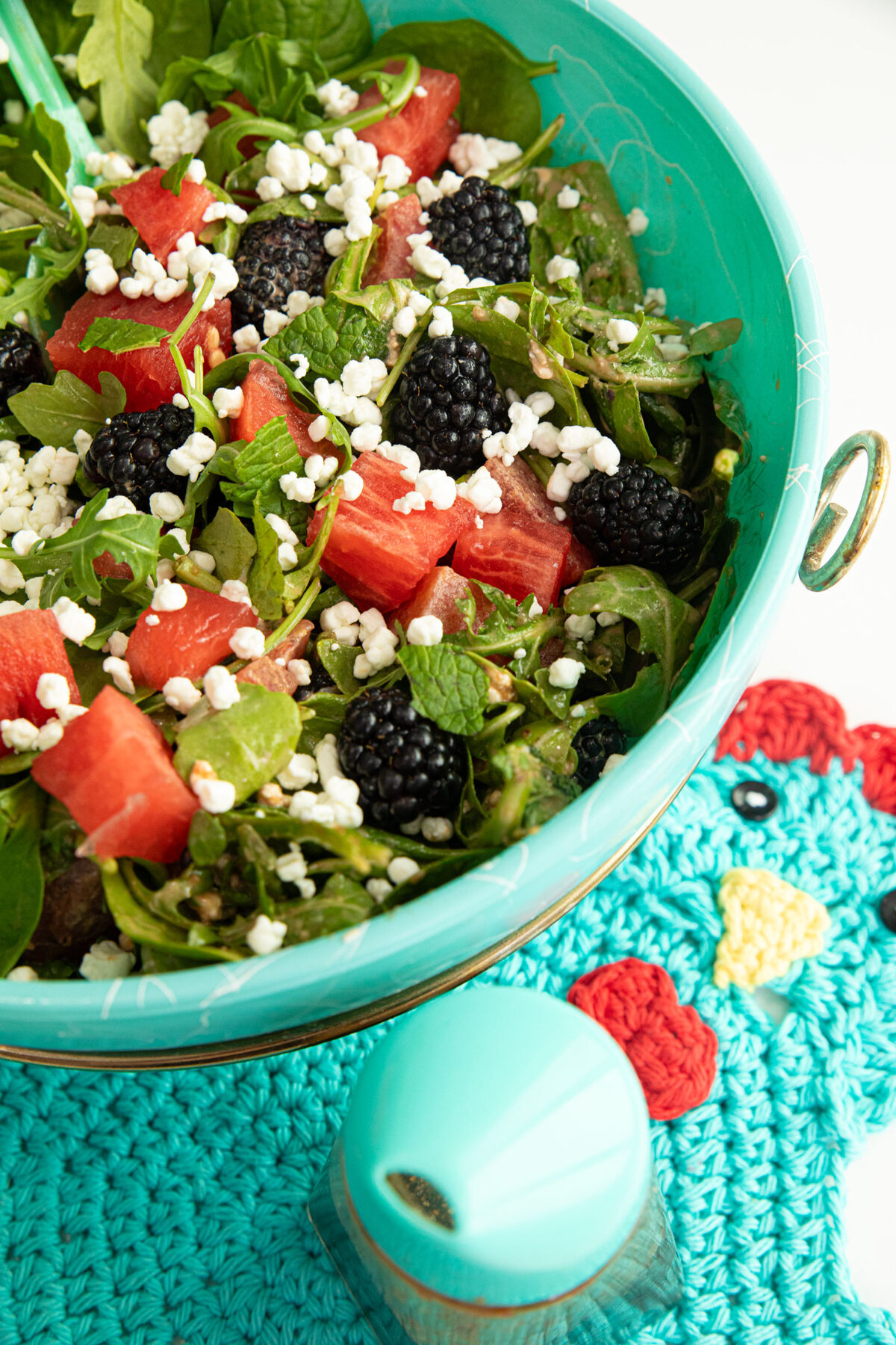 close up of the bowl full of  watermelon salad with feta and mint