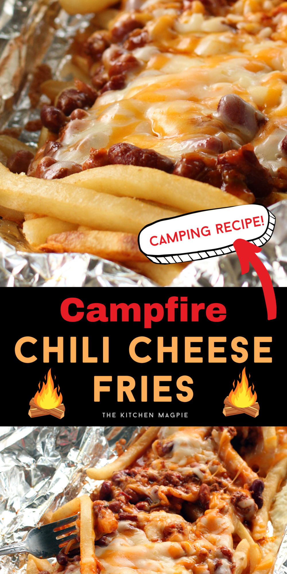 Easy, delicious and chili cheese fries that are done on the BBQ or over a campfire. These chili cheese fries won't heat up your kitchen and can be made when you are camping! #camping #campingrecipe #chili #cheesefries #chilifries