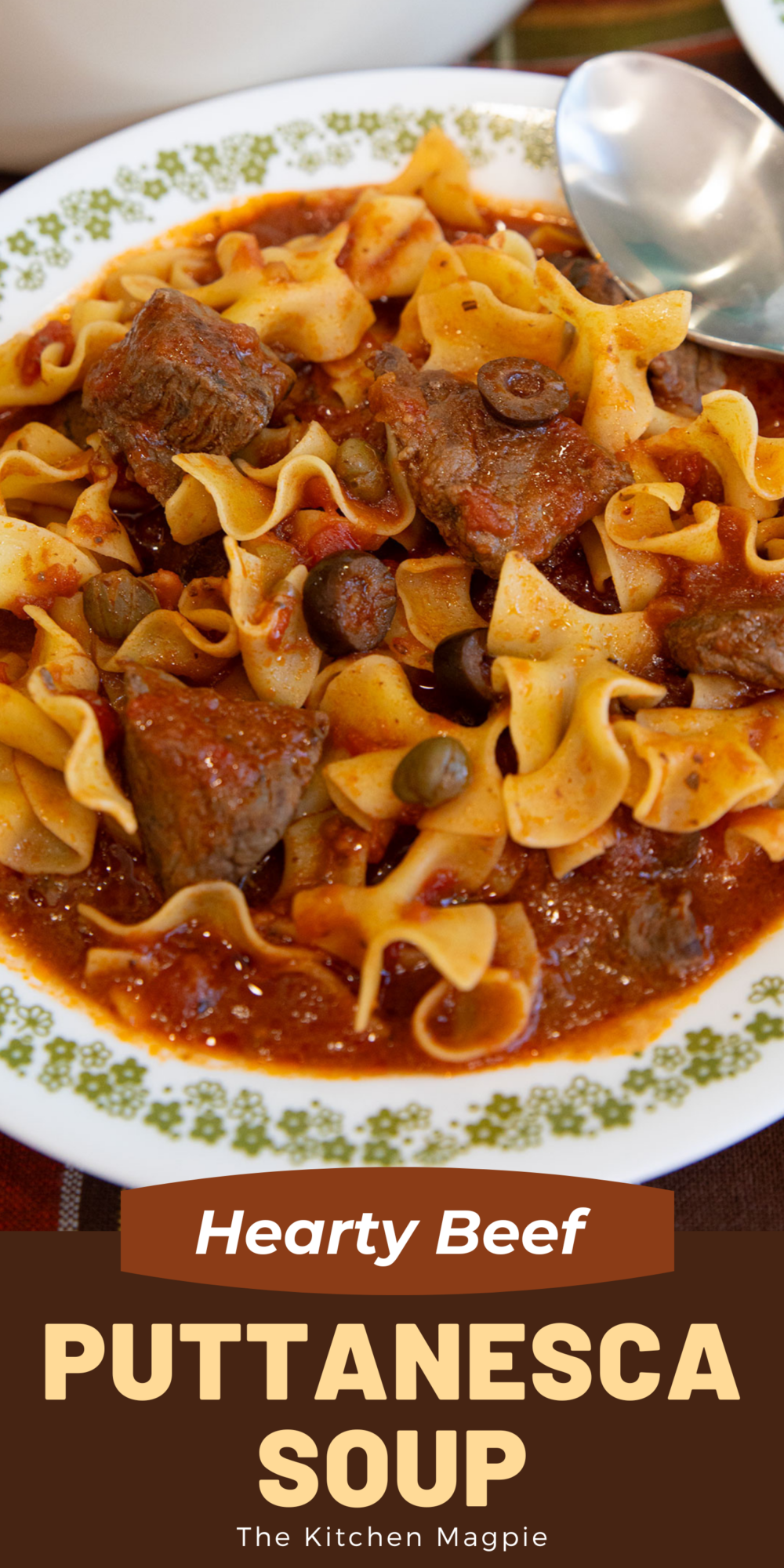 This beefy pasta Puttanesca soup is loaded with savory chunks of tender stewing beef, olives and capers and finished off with your favorite pasta!