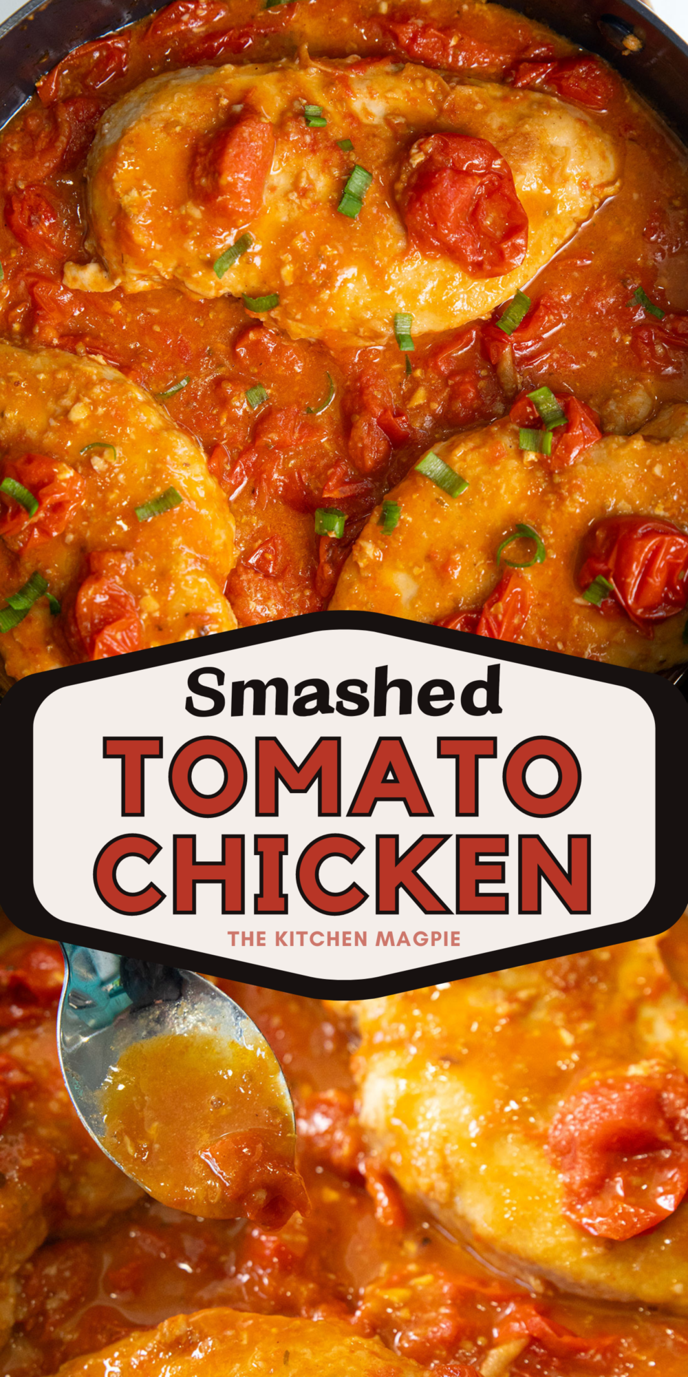 Smashed Tomato Chicken. Whole cherry tomatoes, white wine and chicken breast are cooked together in this healthy and delicious one pot meal! #tomatoes #chicken #onepot #recipe