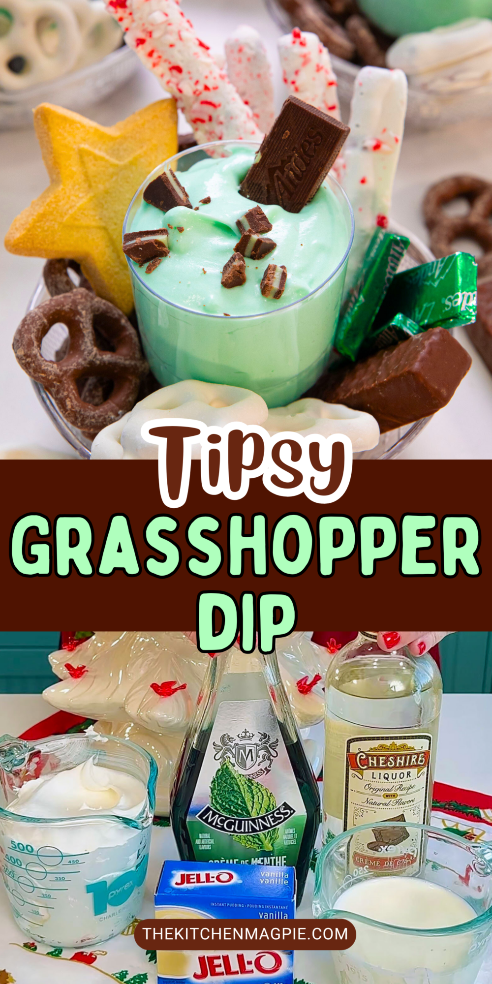 This boozy mint chocolate dessert dip is based on the decadent Grasshopper cocktail! Crème de menthe and crème de cacao make this a delicious spiked dessert! #thekitchenmagpie #dessertdip #tipsydip