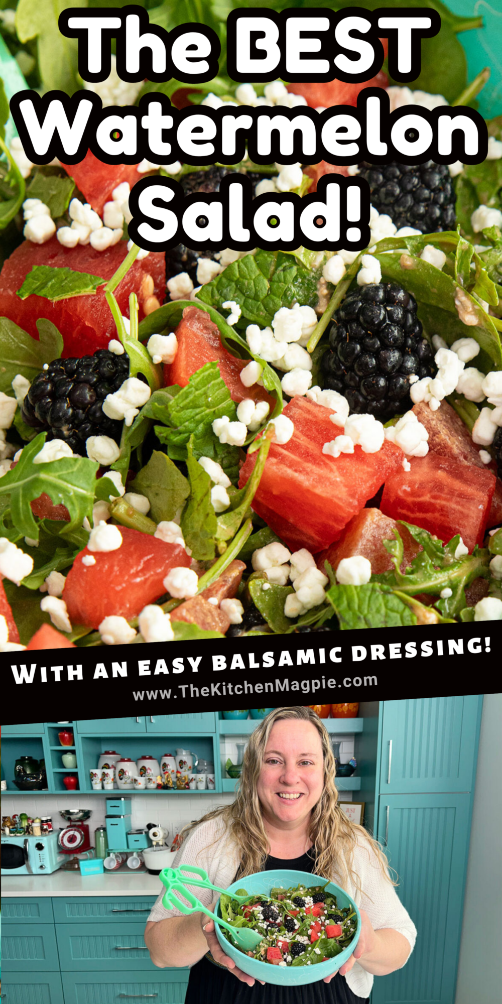 Watermelon salad with blackberries sits atop a bed of arugula and spinach, all drizzled with a sweet balsamic vinaigrette and garnished with fresh mint and crumbled feta.